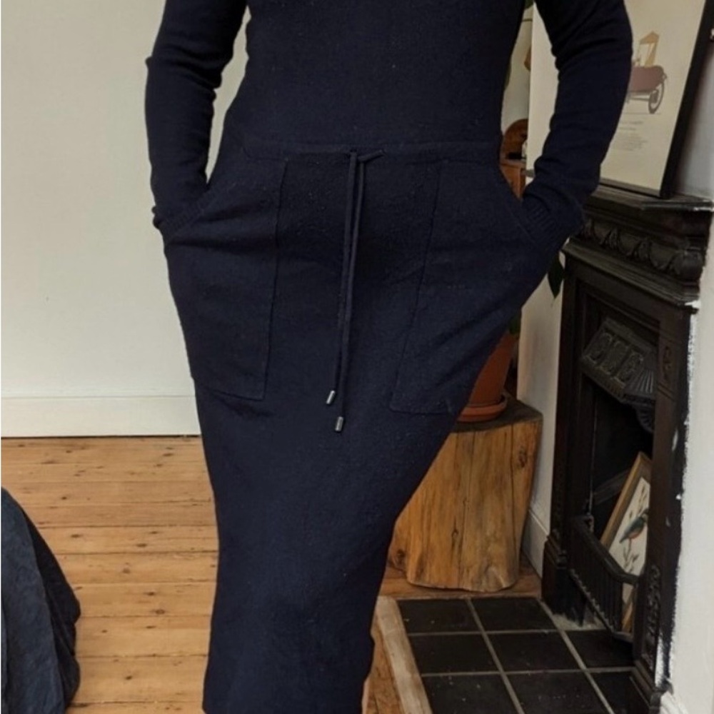 Massimo Dutti Navy Black Knit Long Sleeve Midi Dress with Pockets
